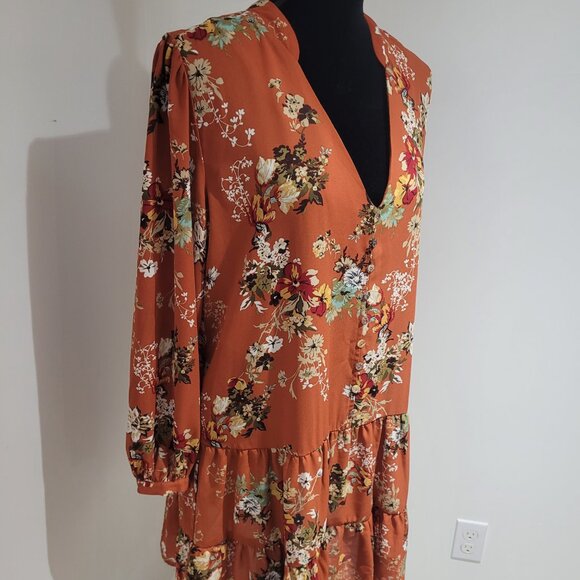 Emma & Michele Womens Floral Dropwaist Long Sleeve Dress Size Medium Orange Boho - Picture 13 of 13